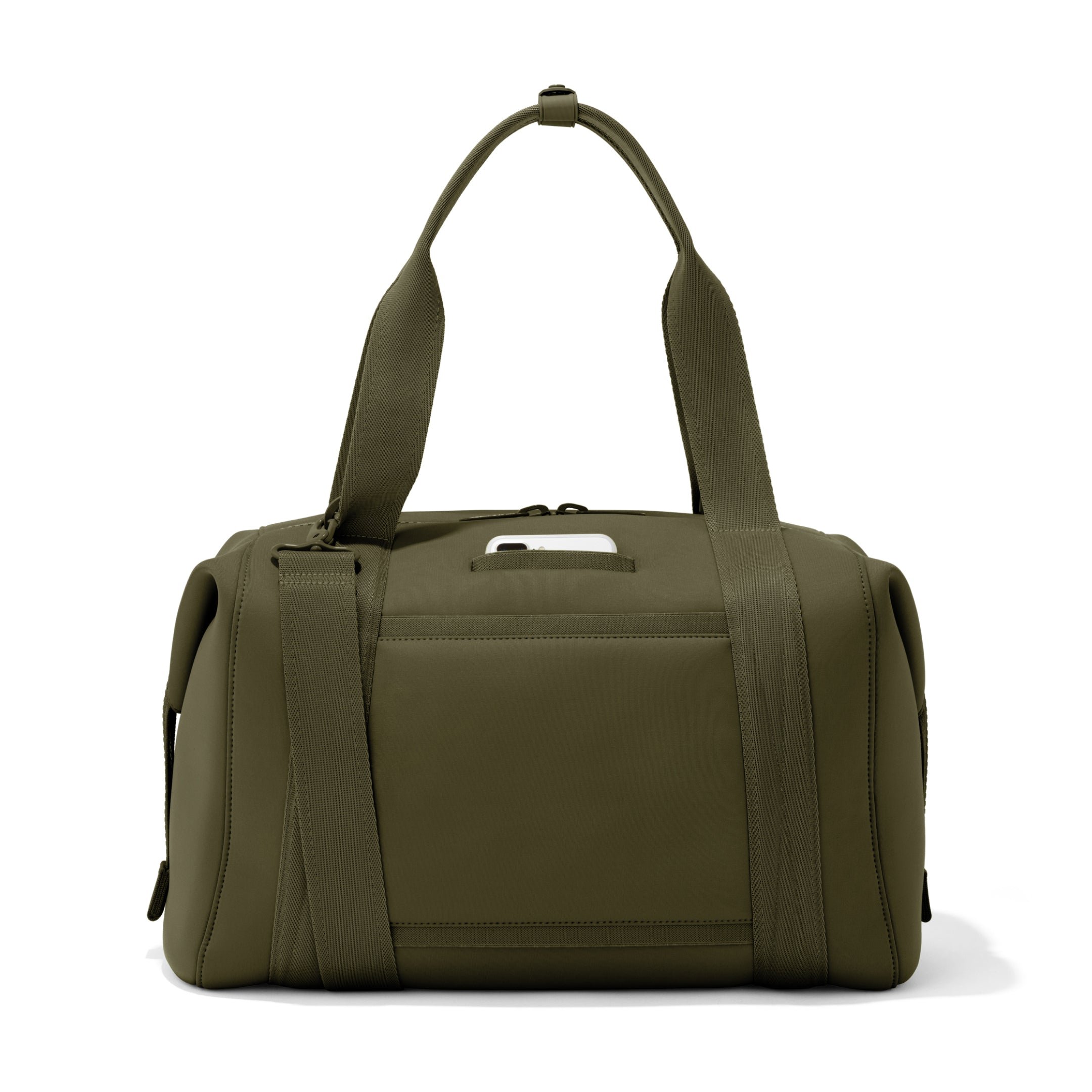Large Landon Carryall in dark green, displaying an exterior phone pocket