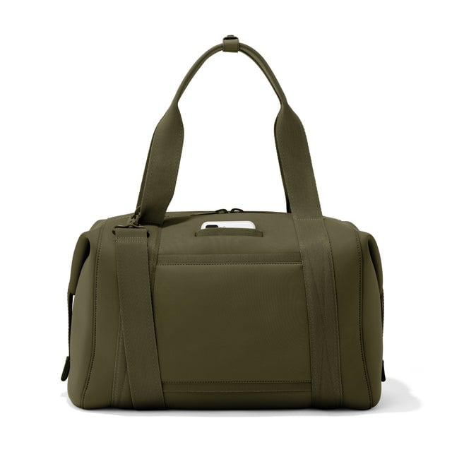 Large Landon Carryall in dark green, displaying an exterior phone pocket
