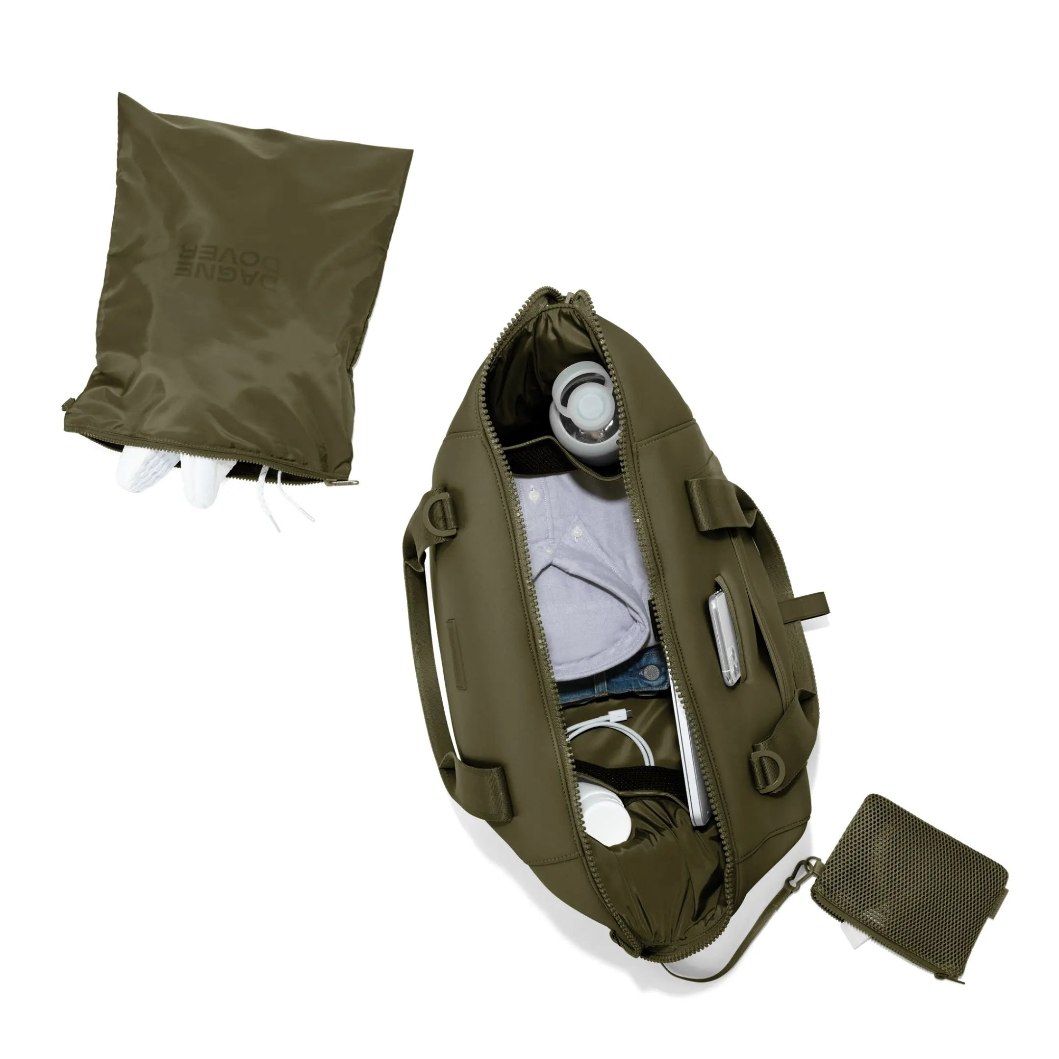 Large Landon Carryall in dark green unzipped, top down view. Hover