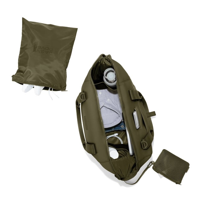 Large Landon Carryall in dark green unzipped, top down view. Hover