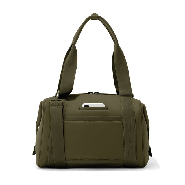 Medium Landon Carryall in dark green, displaying an exterior phone pocket