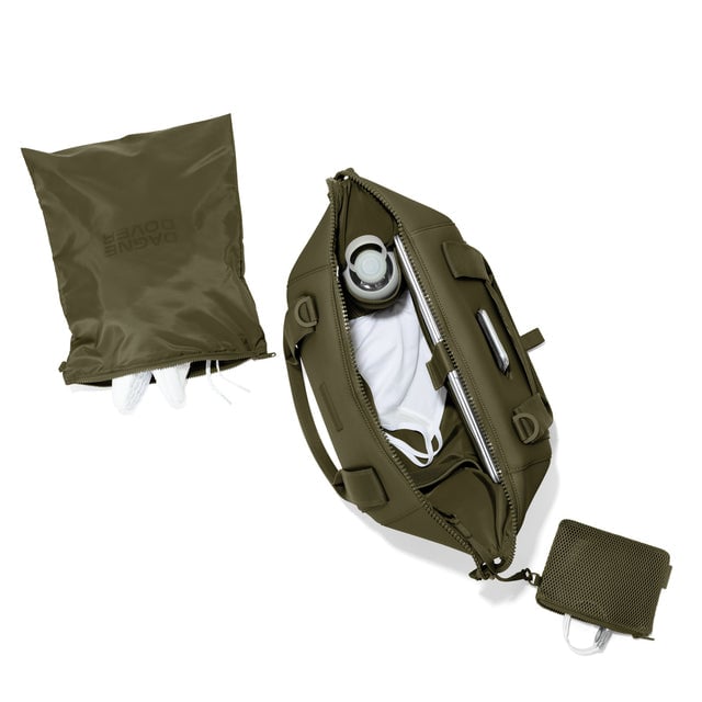 Medium Landon Carryall in dark green unzipped, top down view. hover