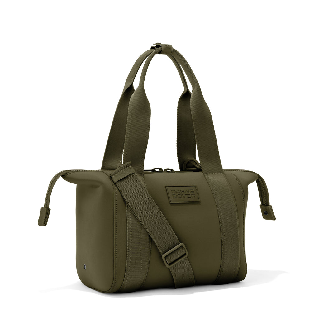 Small Landon Carryall in dark green with zippers unbuckled