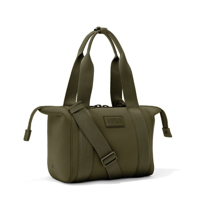 Small Landon Carryall in dark green with zippers unbuckled
