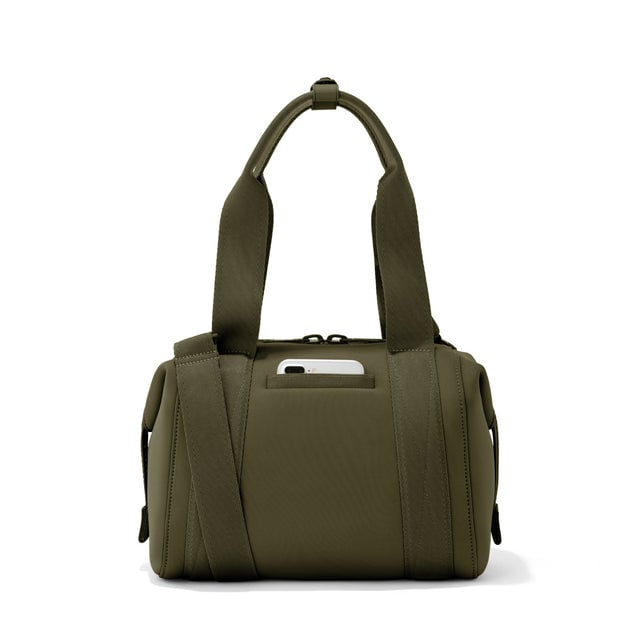 Small Landon Carryall in dark green, displaying an exterior phone pocket