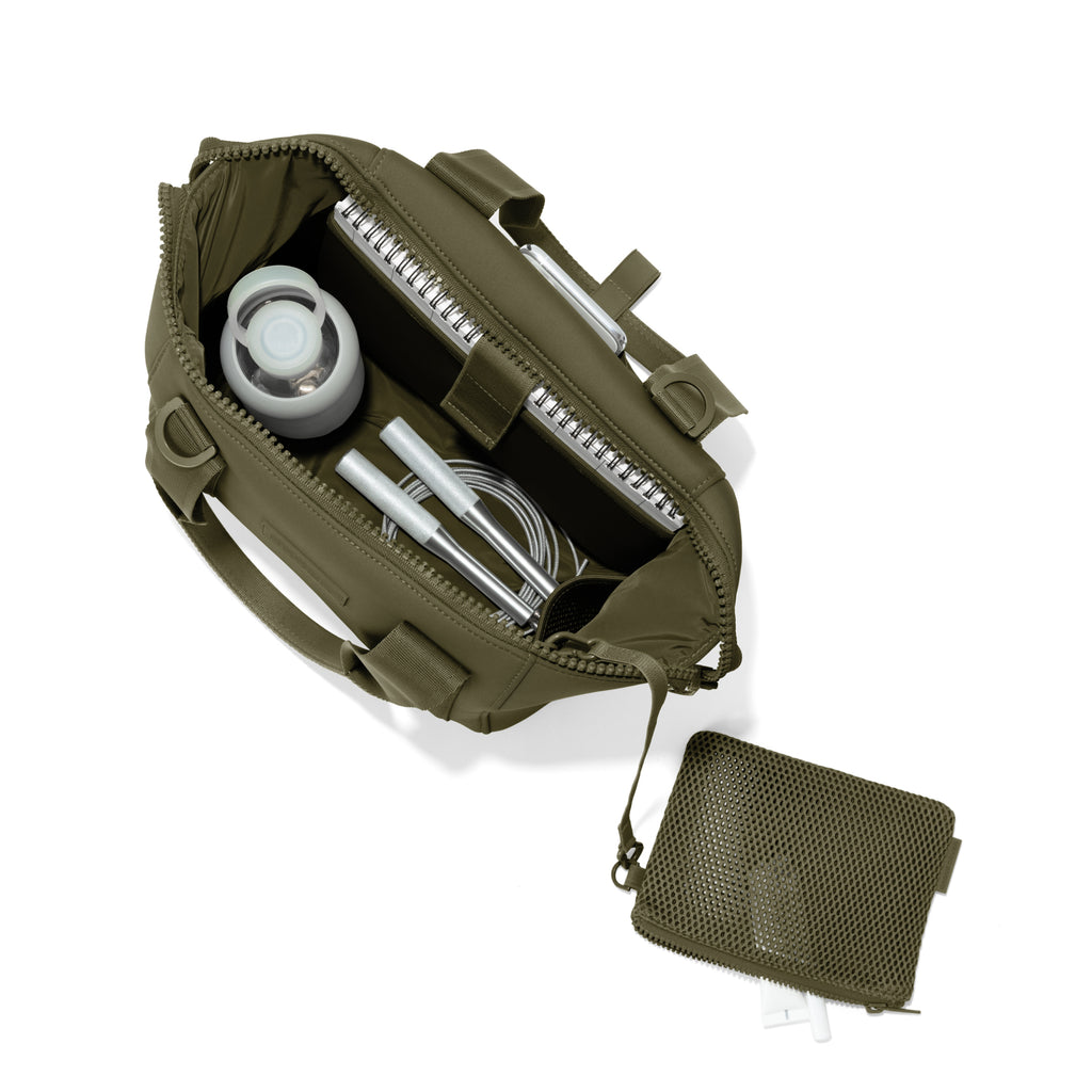 Small Landon Carryall in dark green unzipped, top down view.