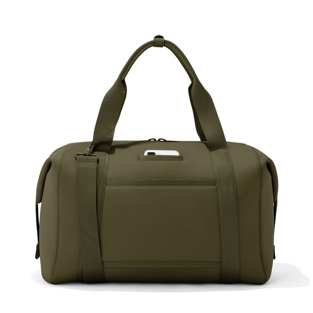 Extra Large Landon Carryall in dark green, displaying an exterior phone pocket