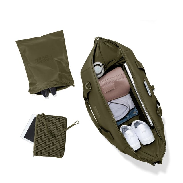 Extra Large Landon Carryall in dark green unzipped, top down view. hover