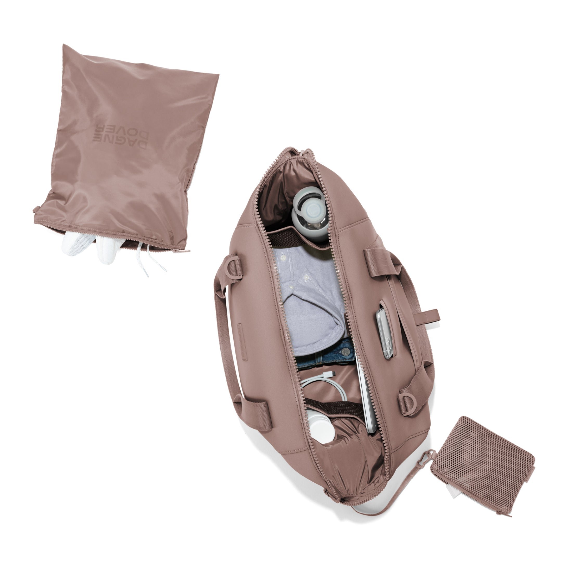 Large Landon Carryall in pink unzipped, top down view
