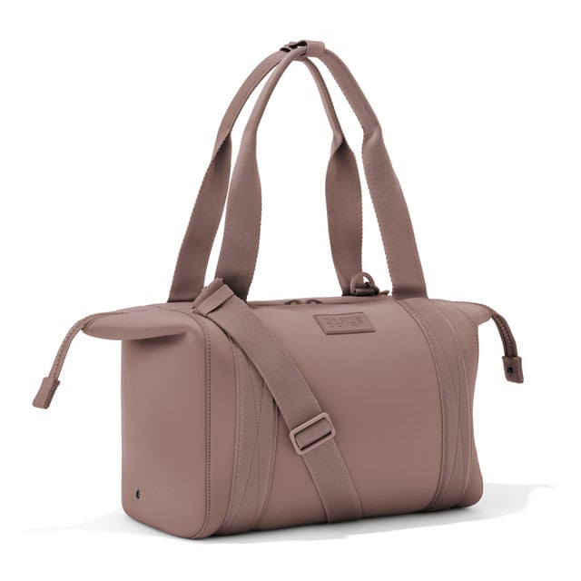 Medium Landon Carryall in pink with zippers unbuckled