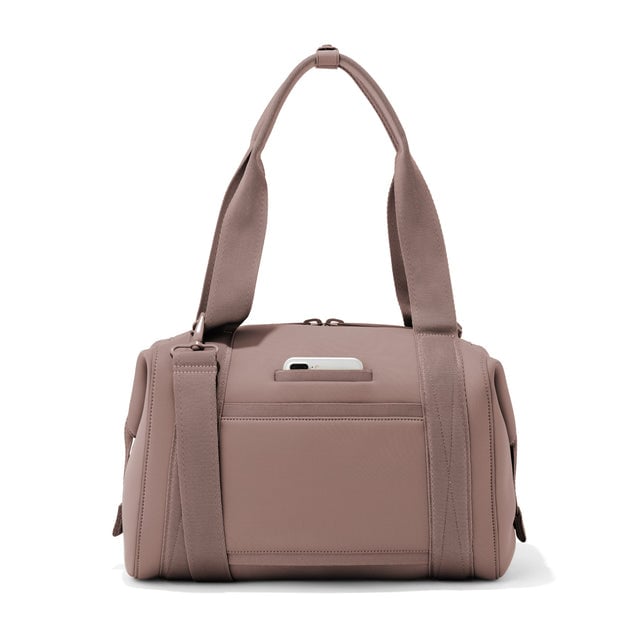 Medium Landon Carryall in pink, displaying an exterior phone pocket