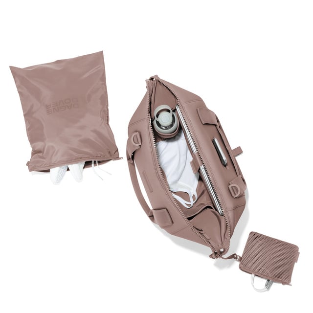 Medium Landon Carryall in pink unzipped, top down view