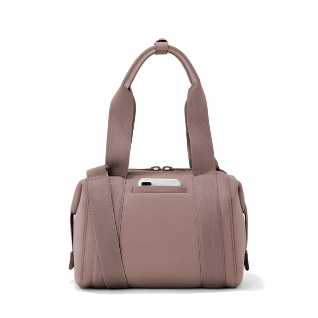 Small Landon Carryall in pink, displaying an exterior phone pocket