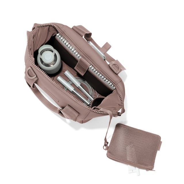 Small Landon Carryall in pink unzipped, top down view