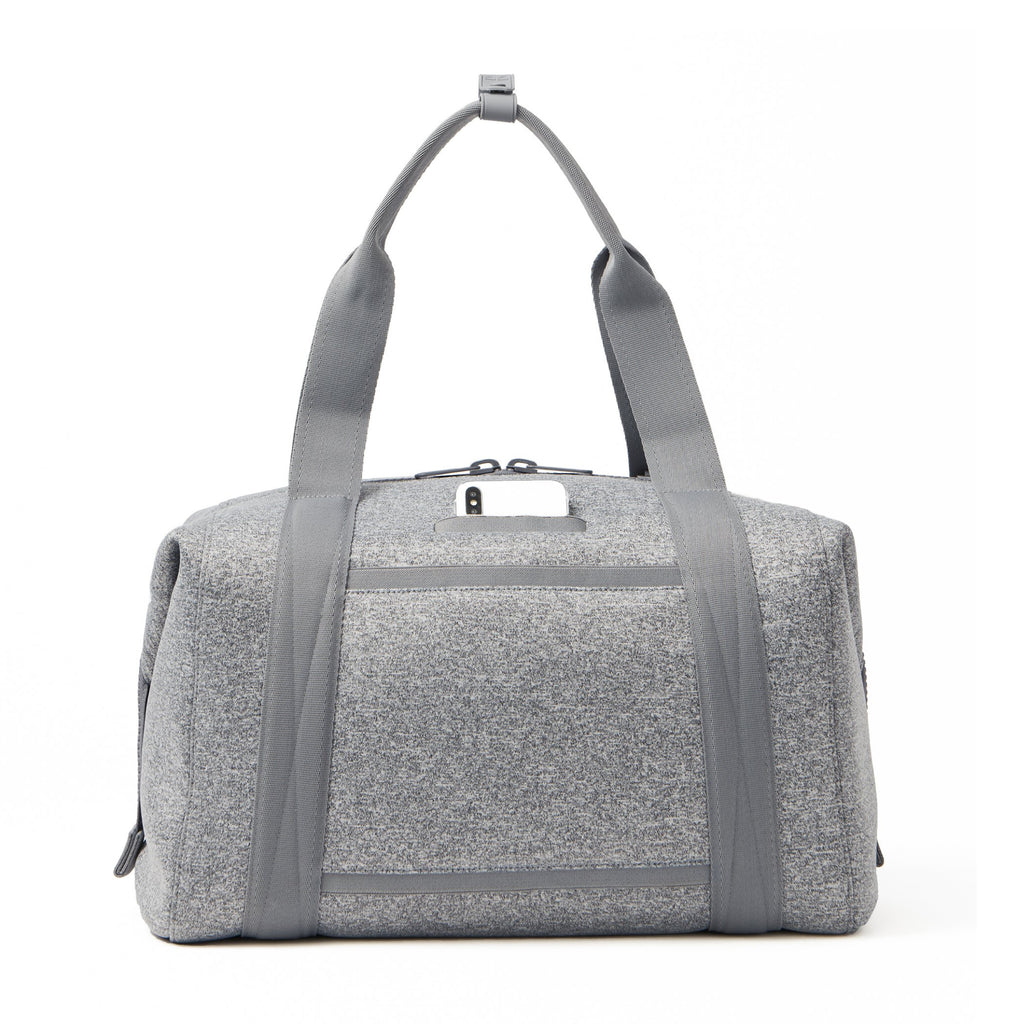 Large Landon Carryall in grey, displaying an exterior phone pocket