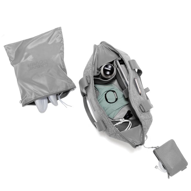 Medium Landon Carryall in grey unzipped, top down view