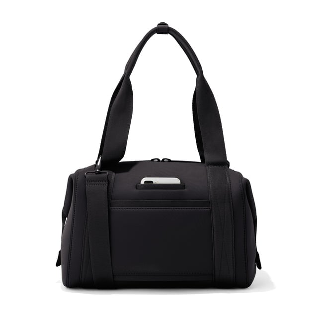 Medium Landon Carryall in black, displaying an exterior phone pocket