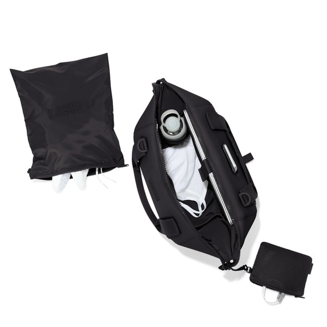 Medium Landon Carryall in black unzipped, top down view