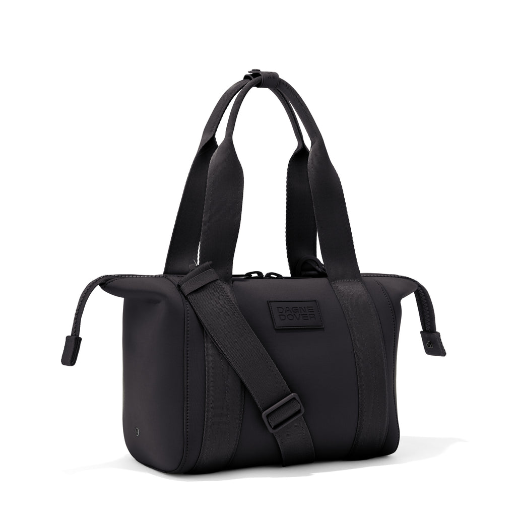 Small Landon Carryall in black with zippers unbuckled
