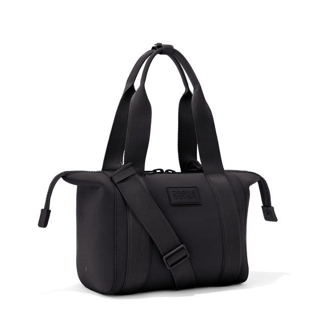 Small Landon Carryall in black with zippers unbuckled