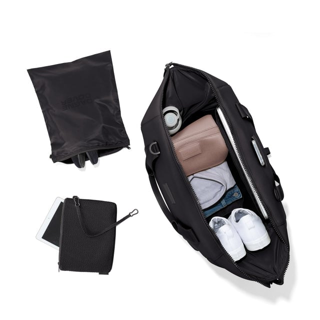 Extra Large Landon Carryall in black unzipped, top down view