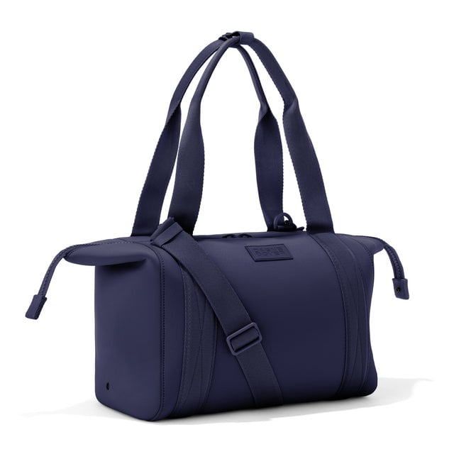 Medium Landon Carryall in  navy blue with zippers unbuckled