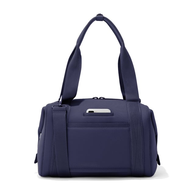Medium Landon Carryall in  navy blue, displaying an exterior phone pocket