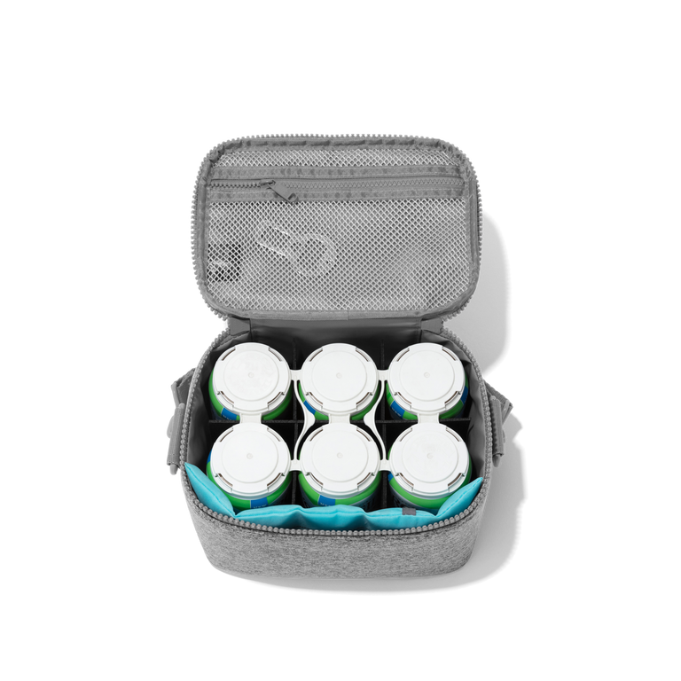 hover - Dagne Dover large Tavi Cooler in grey opened, containing a six pack.