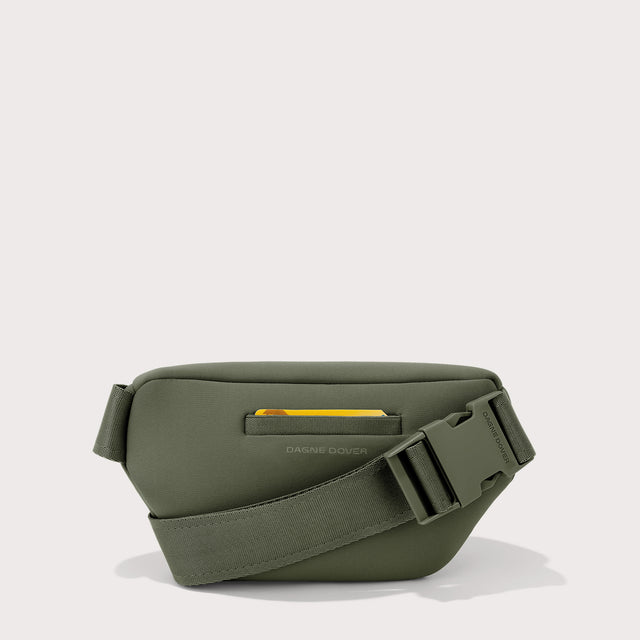 Dagne Dover Ace Fanny Pack in a cool green-grey seen from the back. EDEAE8. 