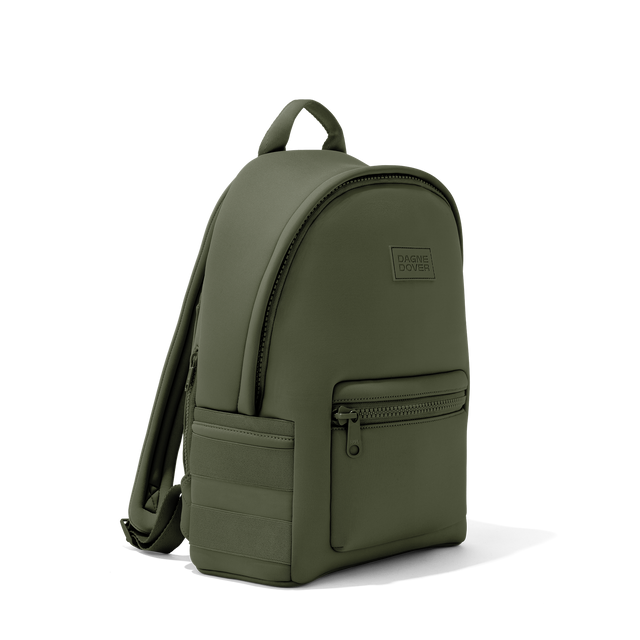 Dagne Dover medium Dakota Neoprene Backpack in a cool green-grey seen from an angle.