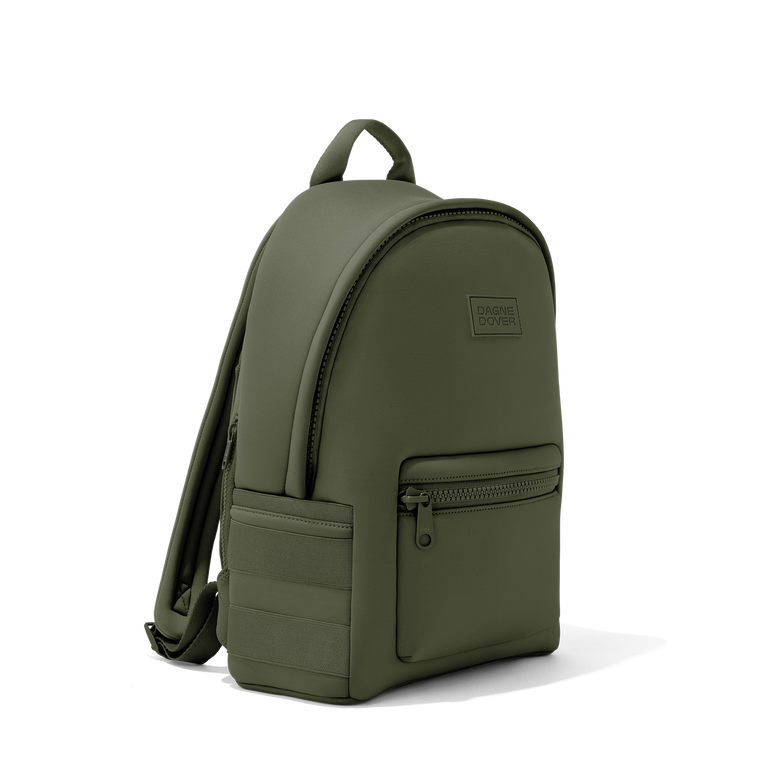 Dagne Dover medium Dakota Neoprene Backpack in a cool green-grey seen from an angle.