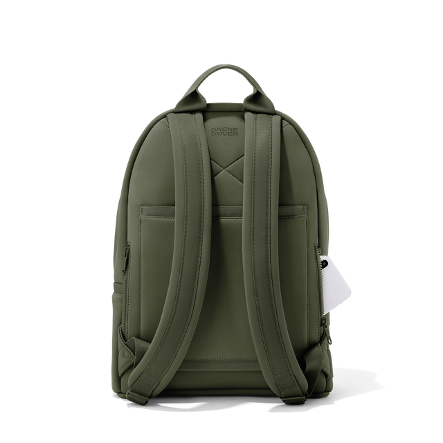 Dagne Dover medium Dakota Neoprene Backpack in a cool green-grey seen from the back.