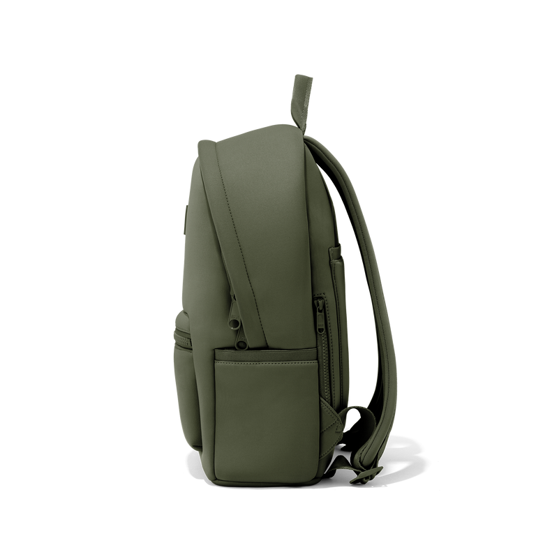 Dagne Dover medium Dakota Neoprene Backpack in a cool green-grey seen from the side.