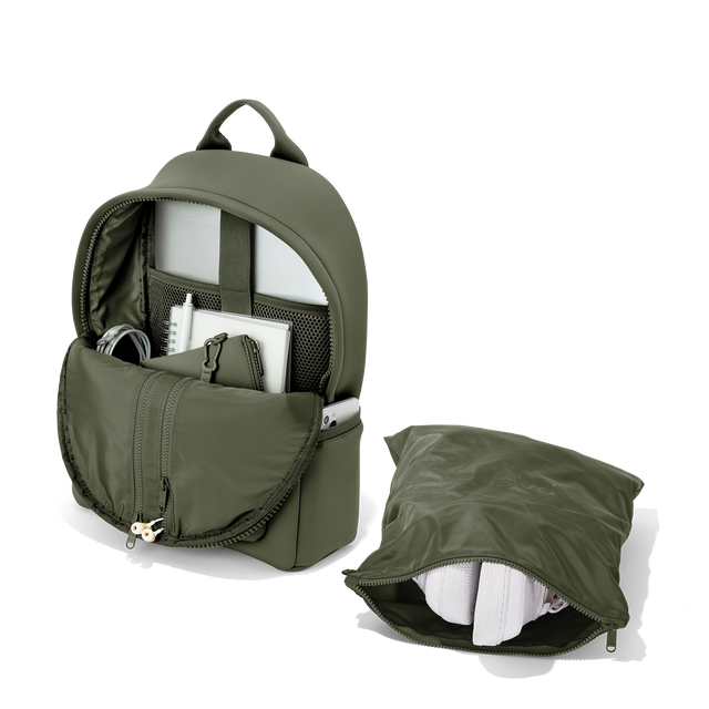 hover - Dagne Dover medium Dakota Neoprene Backpack in a cool green-grey unzipped, showing the interior pockets and shoe bag.