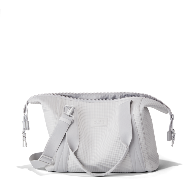 Dagne Dover Medium Landon Carryall in a muted light grey with classic waffle texture unzipped.