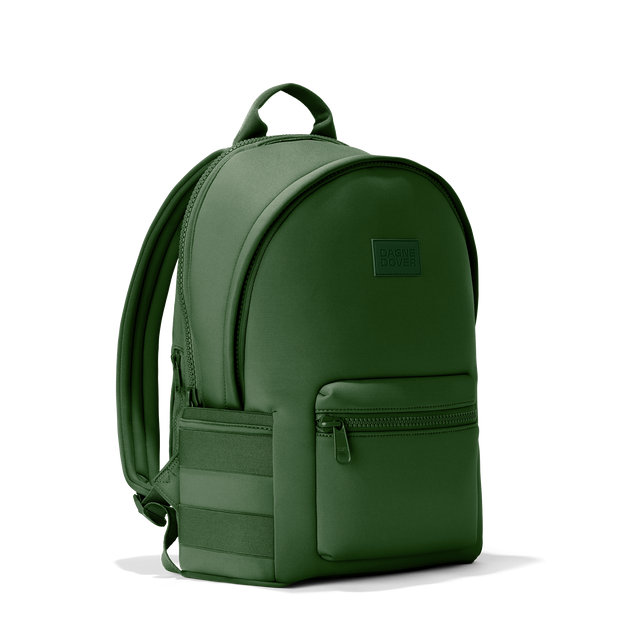 Dagne Dover large Dakota Neoprene Backpack in A rich, classic forest green seen from an angle.
