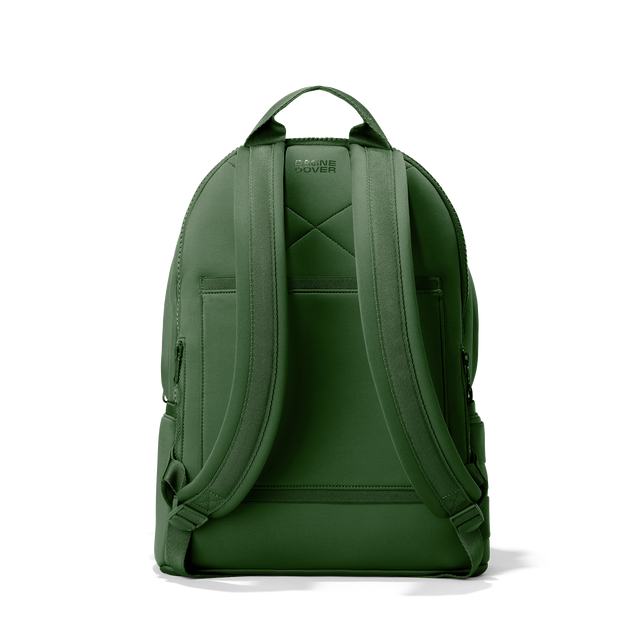 Dagne Dover large Dakota Neoprene Backpack in A rich, classic forest green seen from the back.

