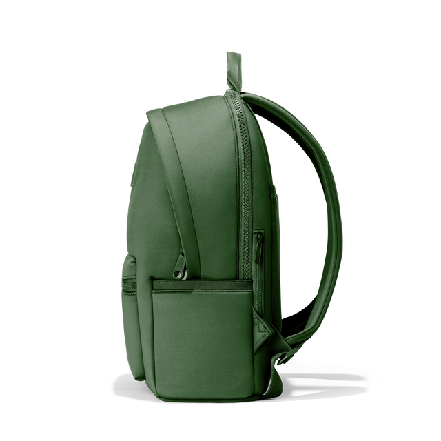 Dagne Dover large Dakota Neoprene Backpack in A rich, classic forest green seen from the side.
