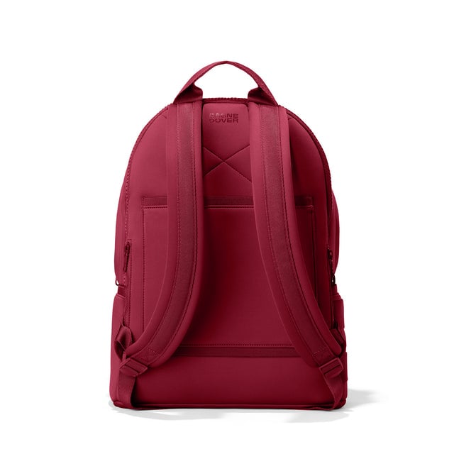 Dagne Dover large Dakota Neoprene Backpack in spice red seen from the back.