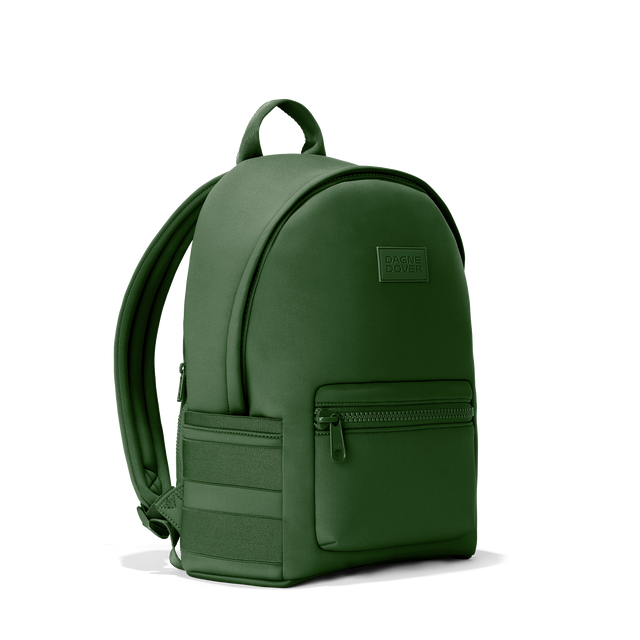Dagne Dover medium Dakota Neoprene Backpack in a rich, classic forest green seen from an angle.
