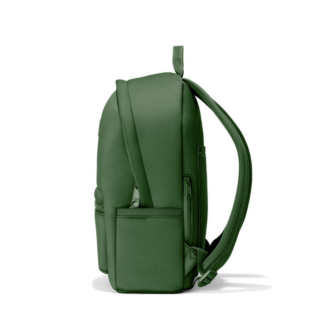 Dagne Dover medium Dakota Neoprene Backpack in a rich, classic forest green seen from the side.
