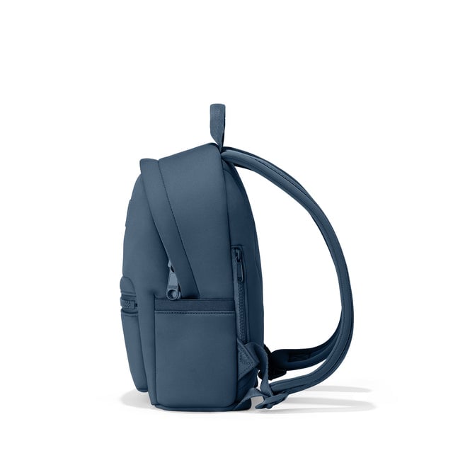 Dagne Dover small Dakota Neoprene Backpack in moonlight blue seen from the side.