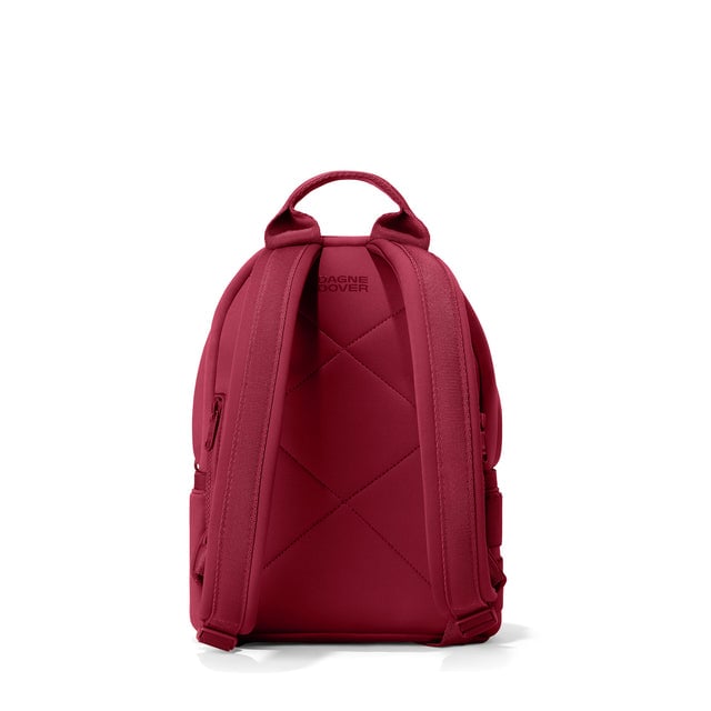 Dagne Dover small Dakota Neoprene Backpack in spice red seen from the back.