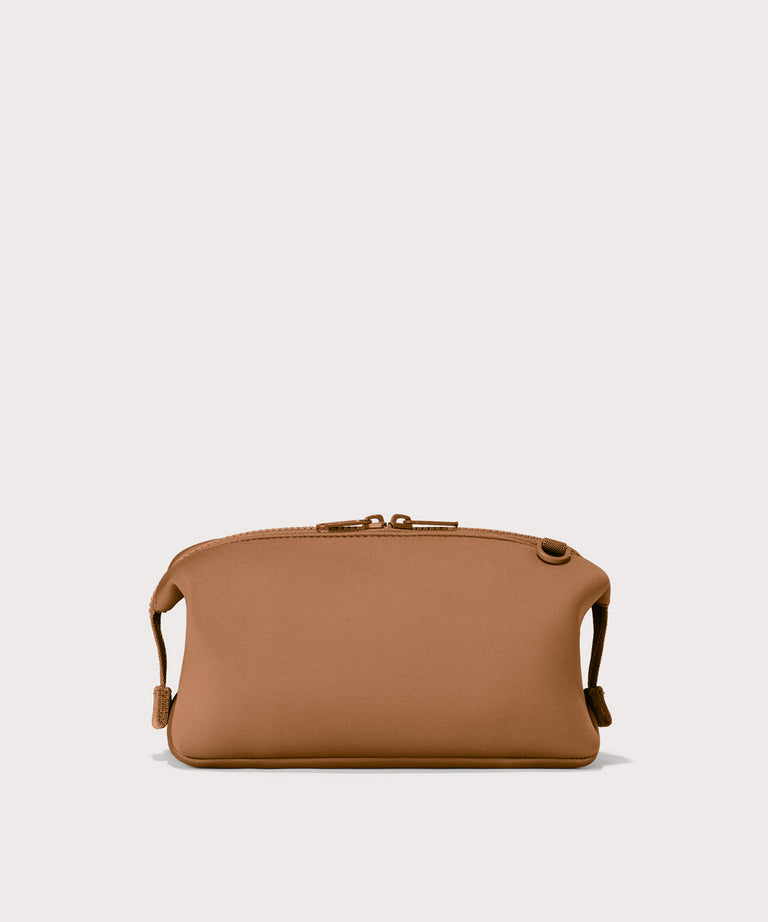 Hunter Large toiletry bag in a saturated, warm medium-brown with burnt orange undertones Back view. 

