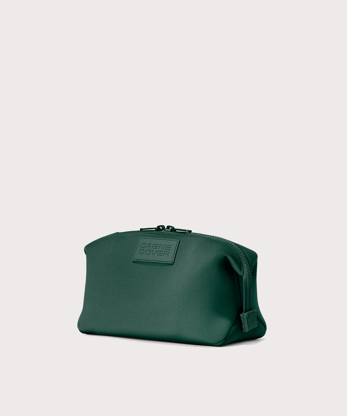 Hunter Large toiletry bag in a saturated, jewel-toned deep green with bold blue undertones, side angle view
