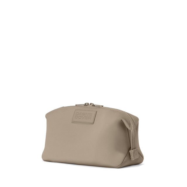 Dagne Dover Large Hunter Toiletry Bag in khaki seen from an angle.