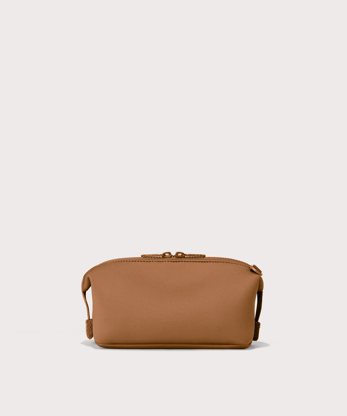 Hunter small toiletry bag in a saturated, warm medium-brown with burnt orange undertones. back view. 

