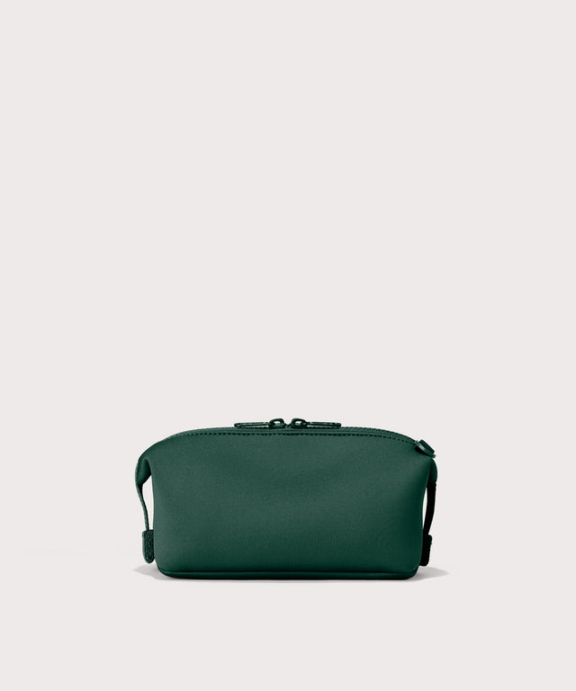 Hunter small toiletry bag in a saturated, jewel-toned deep green with bold blue undertones Back view. 
