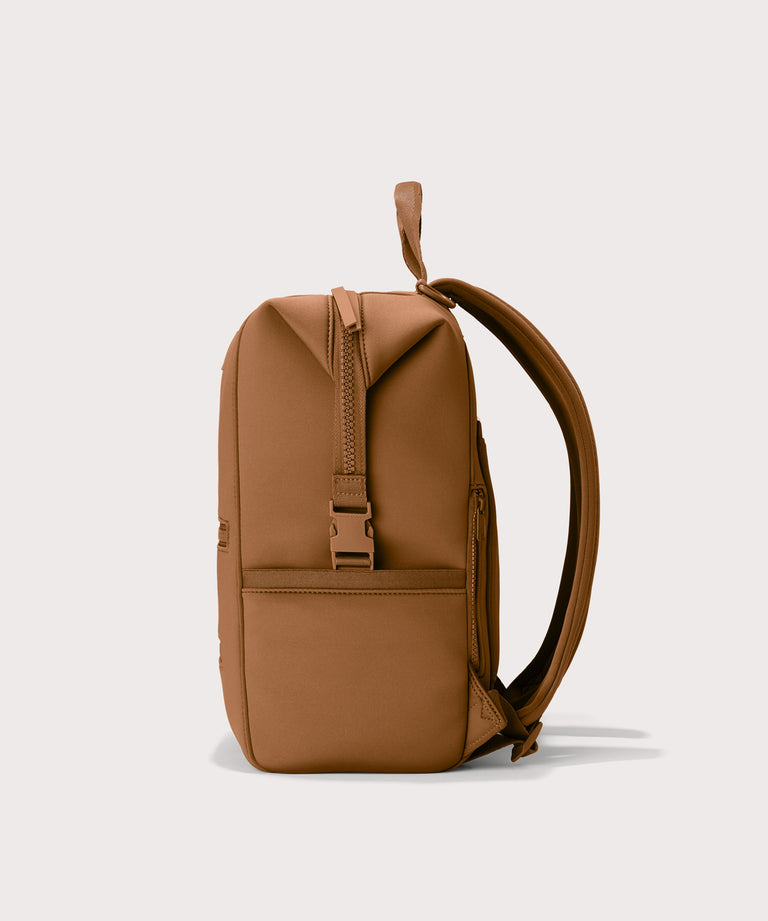 Large Indi backpack in a saturated, warm medium-brown with burnt orange undertones., side view
