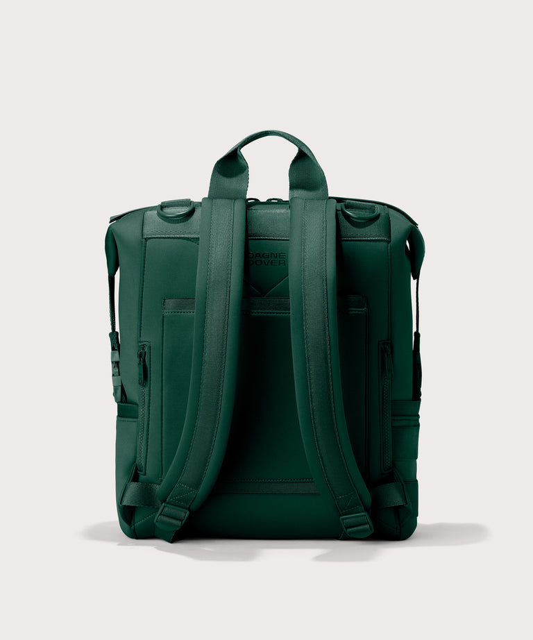 Large Indi backpack in, a saturated, jewel-toned deep green with bold blue undertones. Back view. 
